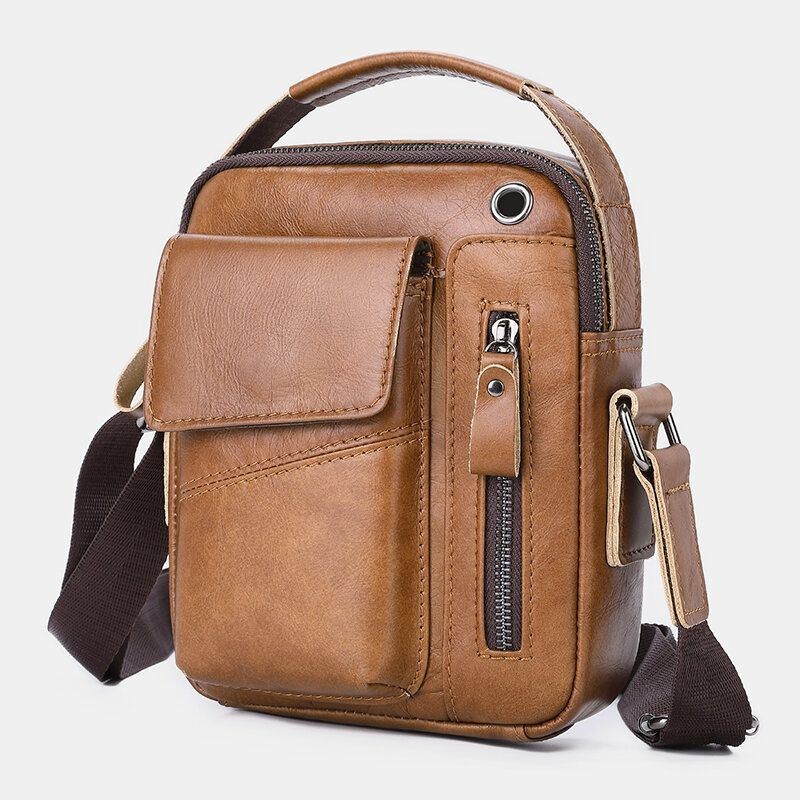 Herre Ægte Læder Multi-pocket Hovedtelefon Hul Vintage 6.5 Tommer Telefontaske Crossbody Taske Skuldertaske Messenger Briefcase