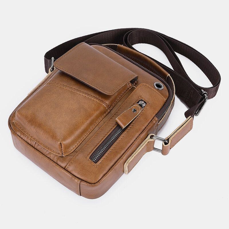 Herre Ægte Læder Multi-pocket Hovedtelefon Hul Vintage 6.5 Tommer Telefontaske Crossbody Taske Skuldertaske Messenger Briefcase