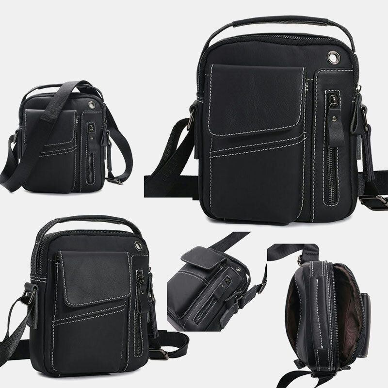 Herre Ægte Læder Multi-pocket Hovedtelefon Hul Vintage 6.5 Tommer Telefontaske Crossbody Taske Skuldertaske Messenger Briefcase