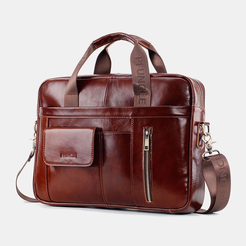 Herre Ægte Læder Multifunktion Stor Kapacitet Multi-lomme Crossbody Taske Skuldertaske Håndtaske Messenger Briefcase