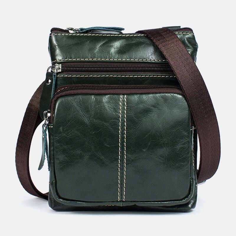 Herre Ægte Læder Retro Business Ensfarvet Læder Lynlås Crossbody Taske Skuldertaske