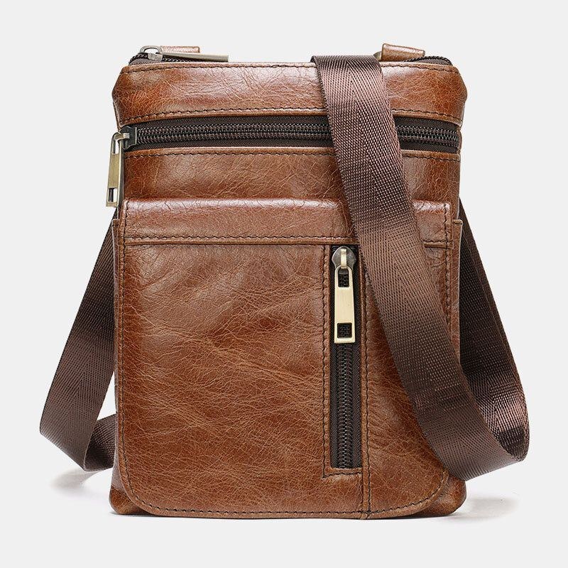 Herre Ægte Læder Retro Business Ensfarvet Læder Lynlås Crossbody Taske Skuldertaske