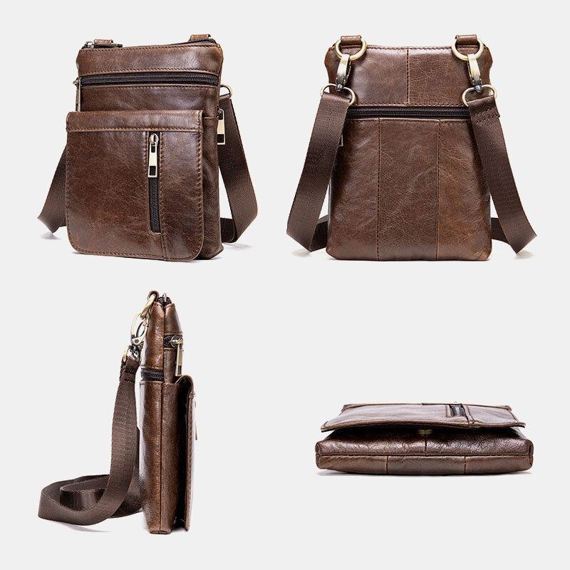 Herre Ægte Læder Retro Business Ensfarvet Læder Lynlås Crossbody Taske Skuldertaske