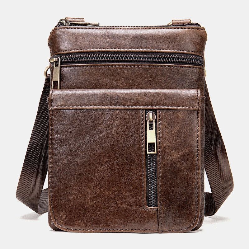 Herre Ægte Læder Retro Business Ensfarvet Læder Lynlås Crossbody Taske Skuldertaske