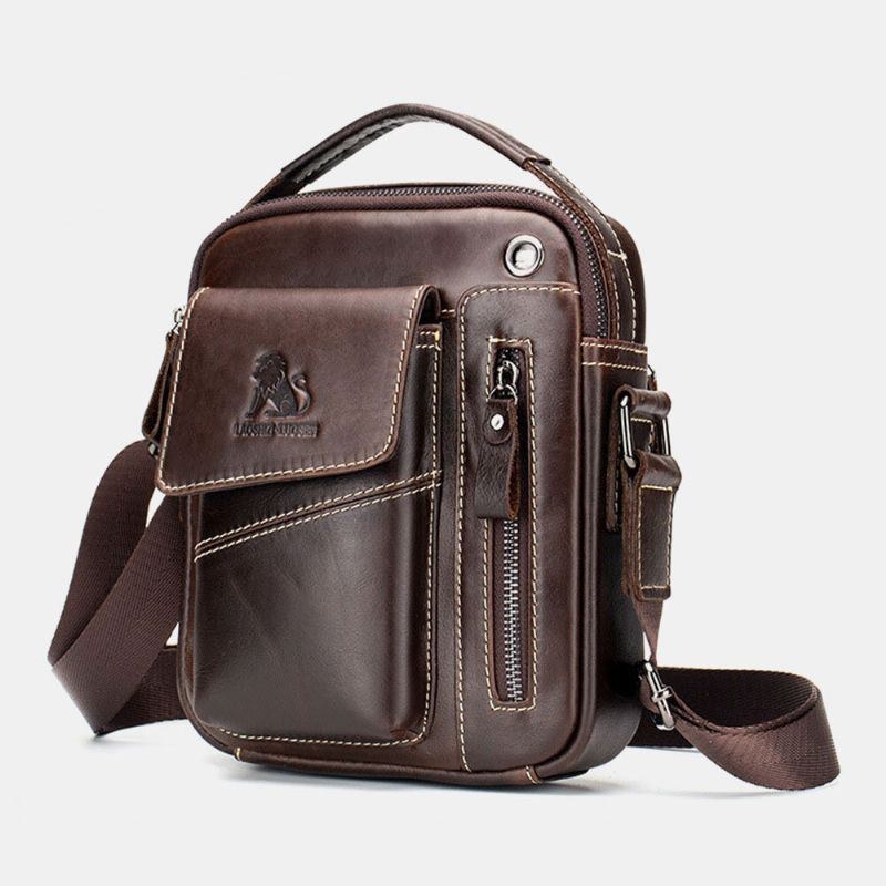 Herre Ægte Læder Slidfast Hovedtelefonhul Multi-lomme Vintage Crossbody-taske Skuldertaske