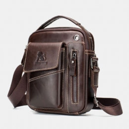 Herre Ægte Læder Slidfast Hovedtelefonhul Multi-lomme Vintage Crossbody-taske Skuldertaske