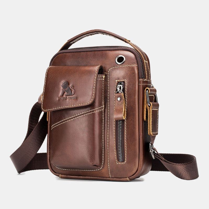 Herre Ægte Læder Slidfast Hovedtelefonhul Multi-lomme Vintage Crossbody-taske Skuldertaske