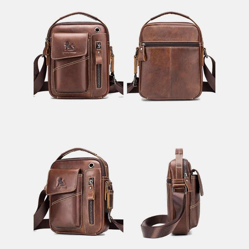 Herre Ægte Læder Slidfast Hovedtelefonhul Multi-lomme Vintage Crossbody-taske Skuldertaske