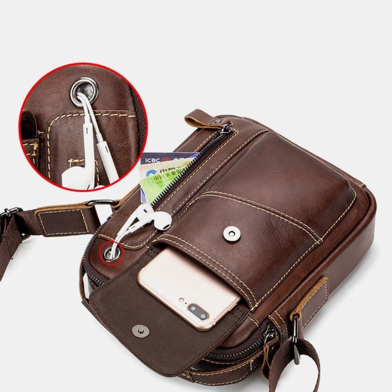 Herre Ægte Læder Slidfast Hovedtelefonhul Multi-lomme Vintage Crossbody-taske Skuldertaske