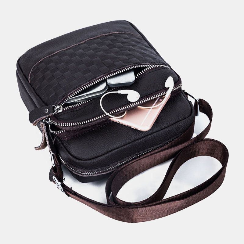 Herre Ægte Læder Vævet Vandtæt Multifunktion Multi-lags Crossbody Taske Skuldertaske