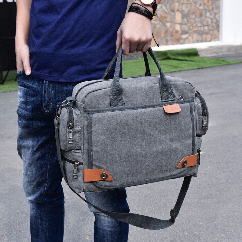 Herre Canvas Stor Kapacitet Multi-lomme Casual 13.3 Tommer Bærbar Taske Crossbody Tasker Skuldertaske Briefcase