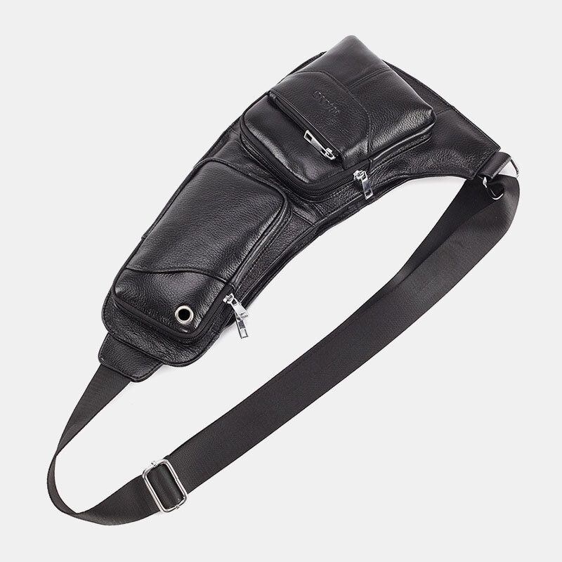 Herre Massivt Ægte Læder Hovedtelefonstik Crossbody Taske Brysttaske Sling Bag