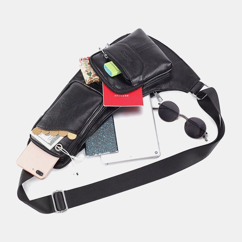 Herre Massivt Ægte Læder Hovedtelefonstik Crossbody Taske Brysttaske Sling Bag