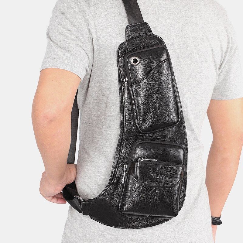 Herre Massivt Ægte Læder Hovedtelefonstik Crossbody Taske Brysttaske Sling Bag