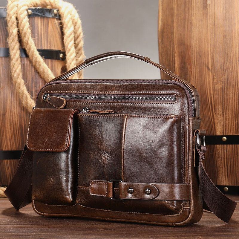 Herre Olievoks Læder Stor Kapacitet Vandtæt Messenger Bag Briefcase Multi-lomme Kohud Crossbody Tasker Skuldertaske