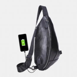 Herre Pu Læder Usb Opladning Vandtæt Casual Crossbody Taske Brysttaske Sling Bag