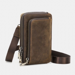 Herre Vintage Ægte Læder Lynlås-side Konvertible Stropper Crossbody-taske Med Stor Kapacitet Bæltetaske Taljetaske