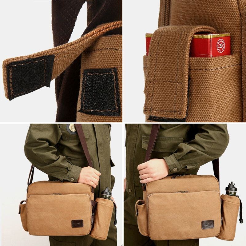 Herre Vintage Canvas Stor Kapacitet Multifunktion Vandflaske Lomme Crossbody Taske Casual Skuldertaske