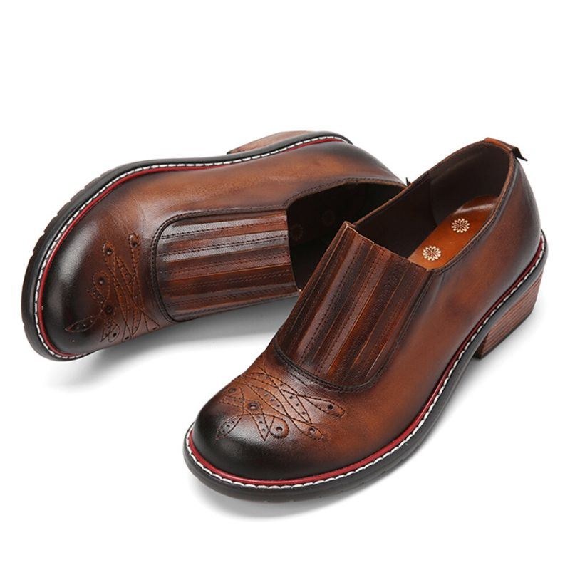 Dame Ægte Læder Retro Comfy Elastisk Slip-on Rund Tå Lavhælet Loafers Sko