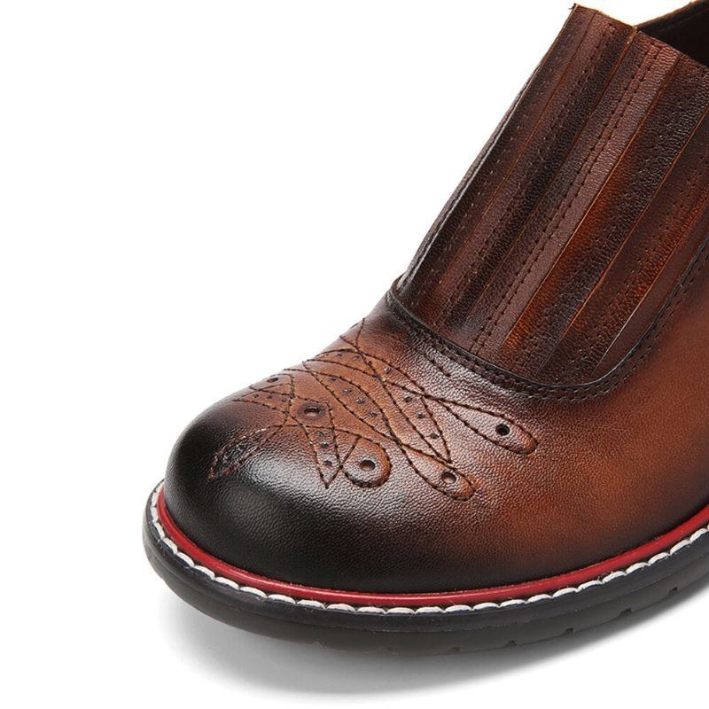 Dame Ægte Læder Retro Comfy Elastisk Slip-on Rund Tå Lavhælet Loafers Sko