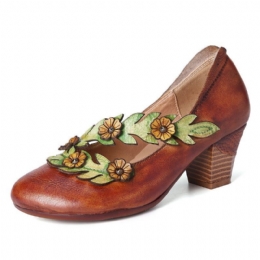 Dame Blomsterdekoration Ægte Læder Slip On Spring Pumps