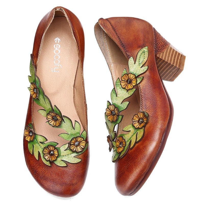 Dame Blomsterdekoration Ægte Læder Slip On Spring Pumps