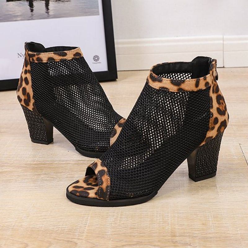 Dame Casual Mesh Åndbar Chunky Heel Hollow Out Peep-toe Pumps Sko