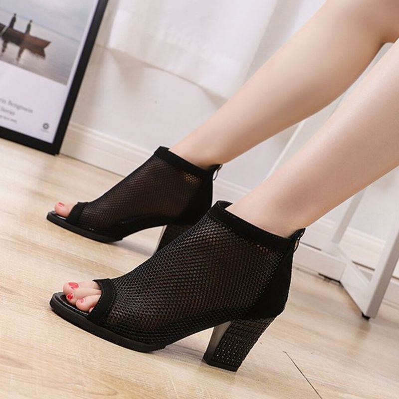 Dame Casual Mesh Åndbar Chunky Heel Hollow Out Peep-toe Pumps Sko