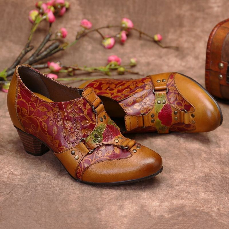 Dame Cowgirl Håndmalet Retro Blomster Mønster Nitte Ægte Læder Lav Hæl Slip On Pumps