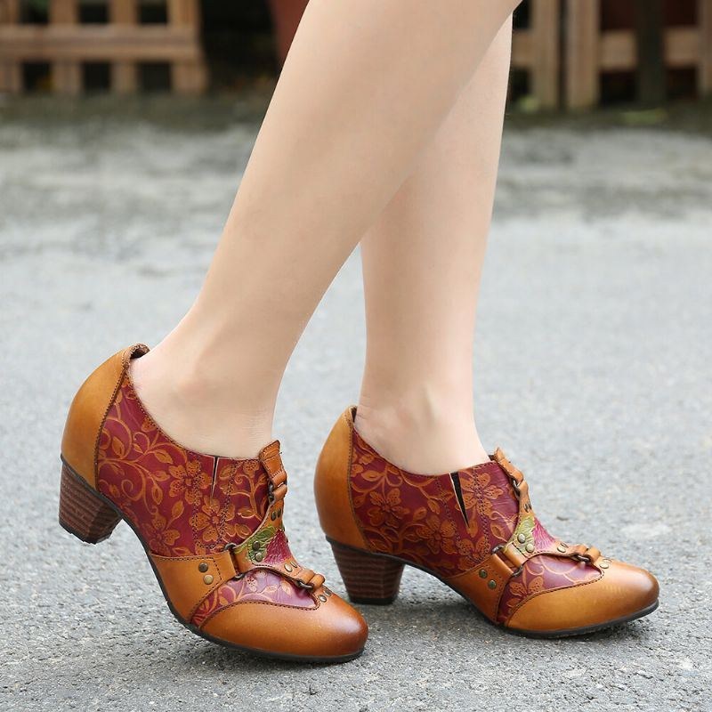 Dame Cowgirl Håndmalet Retro Blomster Mønster Nitte Ægte Læder Lav Hæl Slip On Pumps