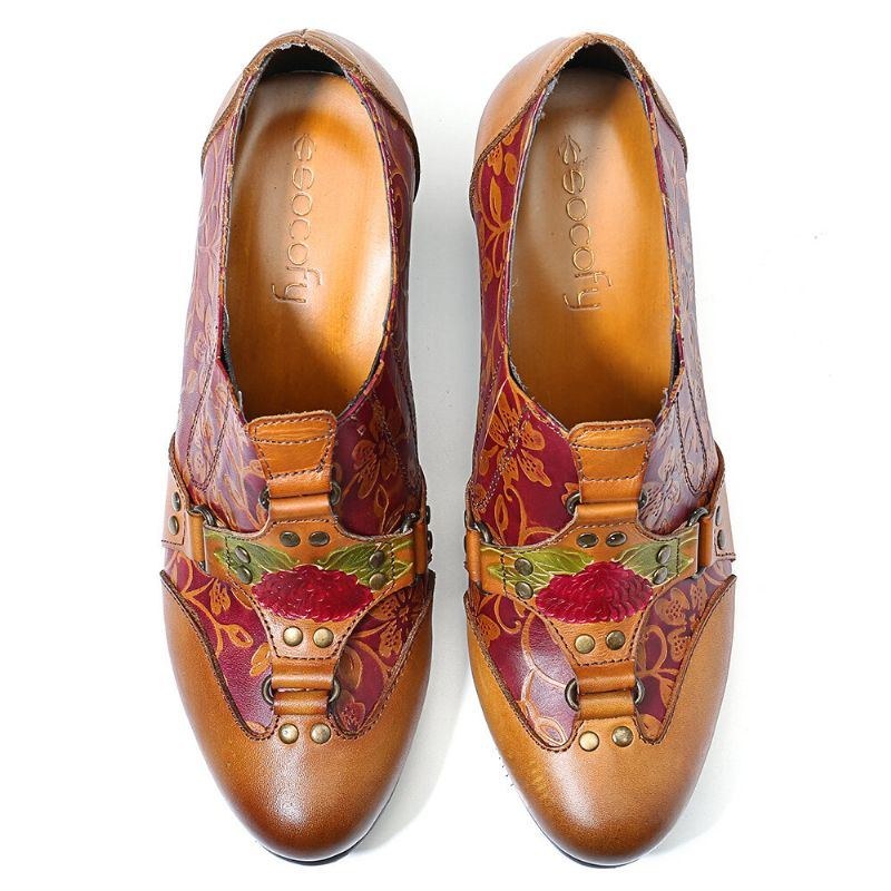 Dame Cowgirl Håndmalet Retro Blomster Mønster Nitte Ægte Læder Lav Hæl Slip On Pumps