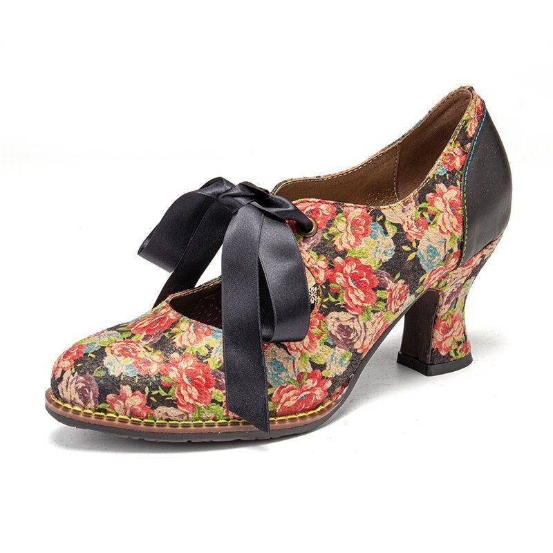 Dame Elegante Yndefulde Små Blomster Trykt Behagelige Bærbare Snørebåndssøm Chunky Heel Pumps