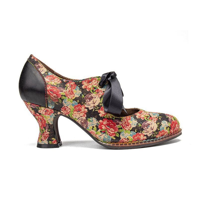 Dame Elegante Yndefulde Små Blomster Trykt Behagelige Bærbare Snørebåndssøm Chunky Heel Pumps