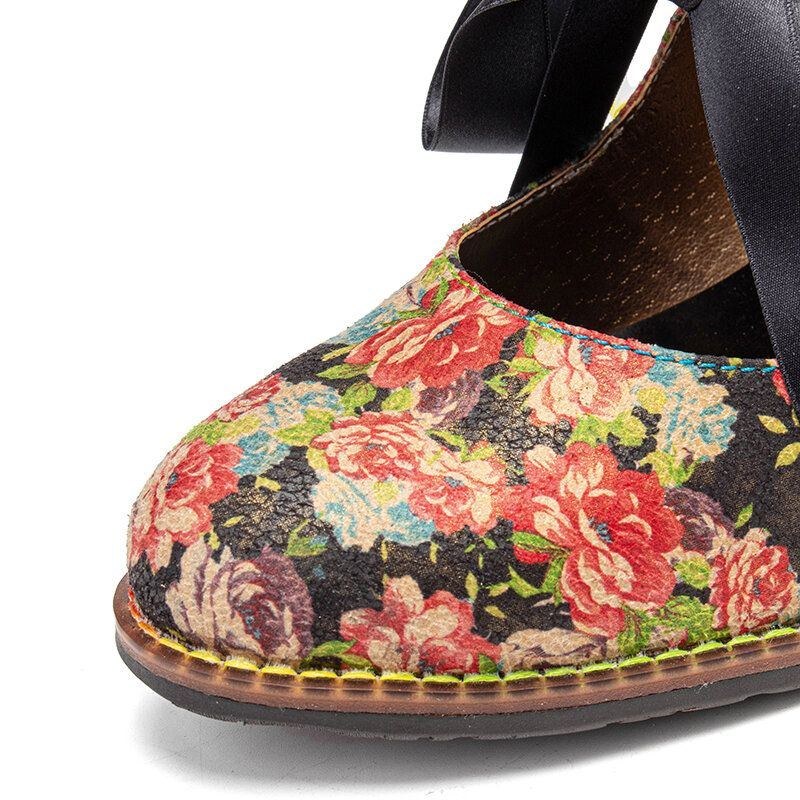 Dame Elegante Yndefulde Små Blomster Trykt Behagelige Bærbare Snørebåndssøm Chunky Heel Pumps