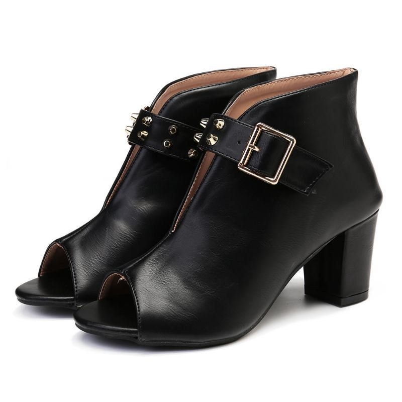 Dame Nitte Peep Toe Spænde Højhælet Chunky Heel Pumps