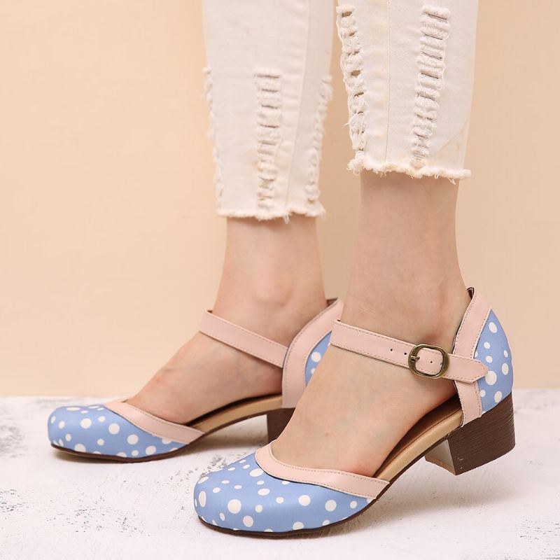 Dame Polka Dot Rund Toe Ankelstrop Blok Hæl Casual Comfy Heels Pumps