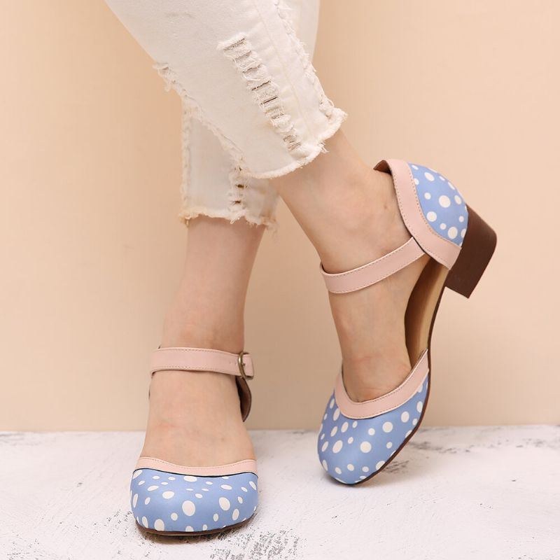 Dame Polka Dot Rund Toe Ankelstrop Blok Hæl Casual Comfy Heels Pumps