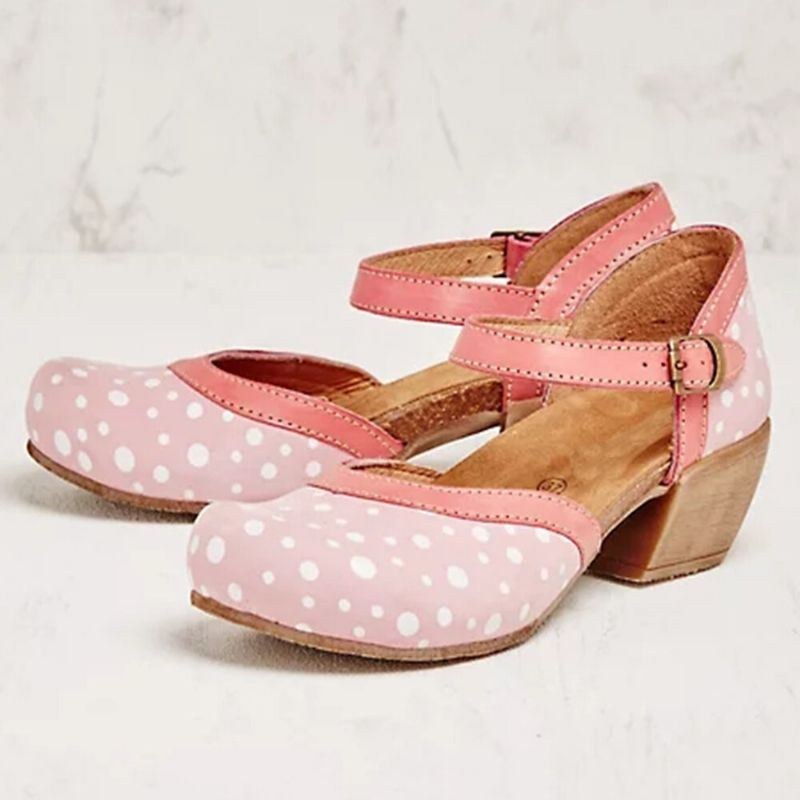 Dame Polka Dot Rund Toe Ankelstrop Blok Hæl Casual Comfy Heels Pumps