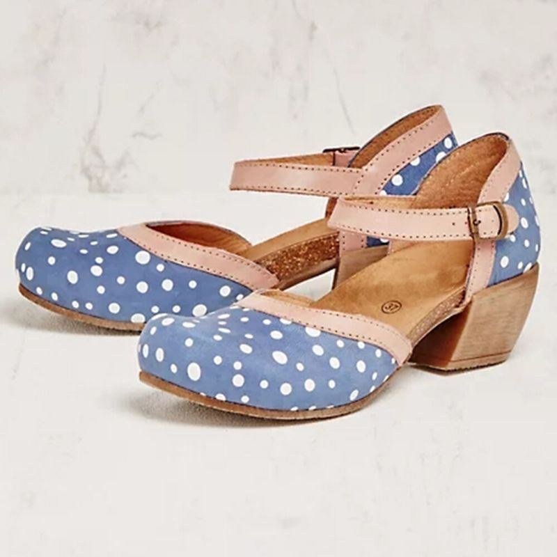 Dame Polka Dot Rund Toe Ankelstrop Blok Hæl Casual Comfy Heels Pumps