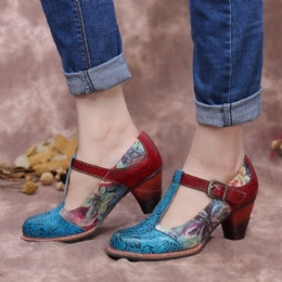 Dame Retro Ægte Læder Blomster Prægede Blade T-strop Chunky Heel Pumps