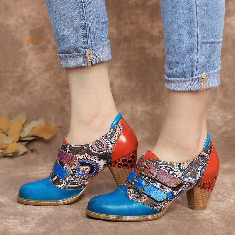 Dame Retro Ægte Læder Folkways Krogløkke Spænde Strop Chunky Heel Pumps