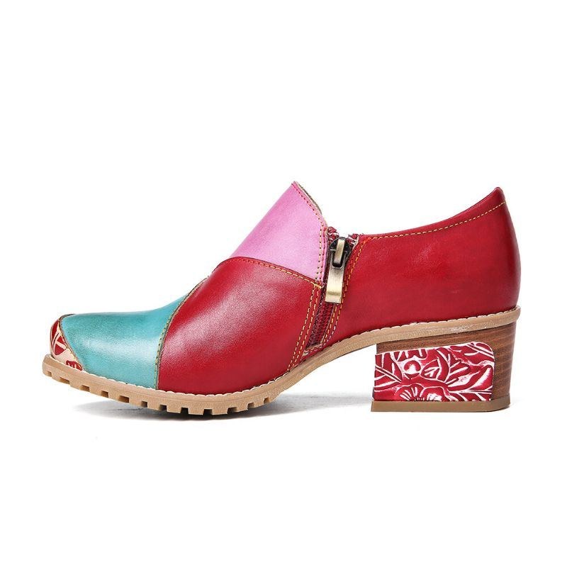 Dame Retro Kontrast Splejsning Læder Lynlås Ankelstøvler Med Lav Hæl Slip On Block Heel Pumps