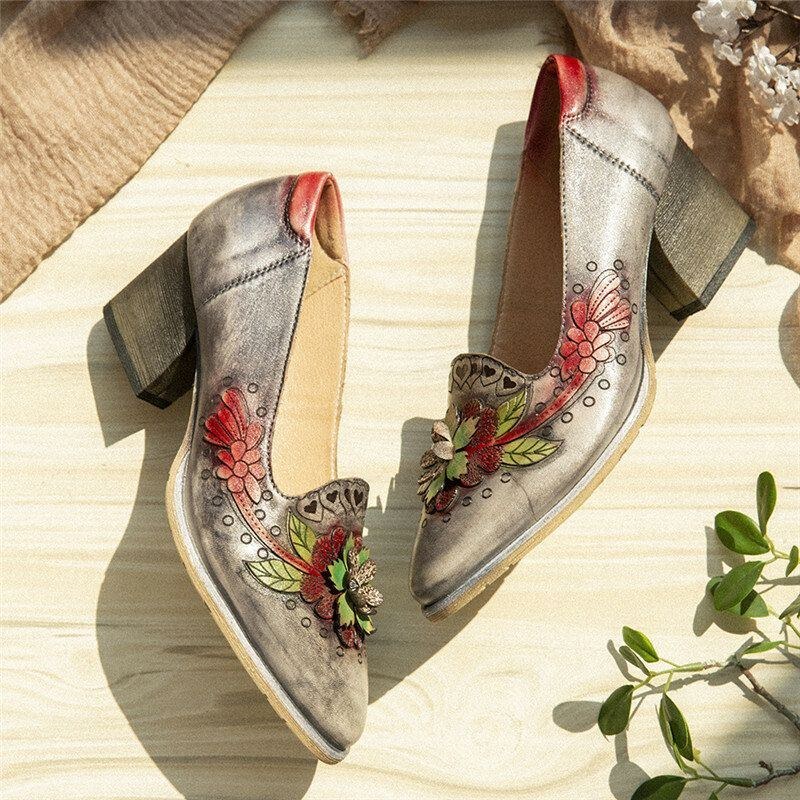 Dame Retro Splejsning Blomster Læder Slip On Block Heel Pumps Dress Sko