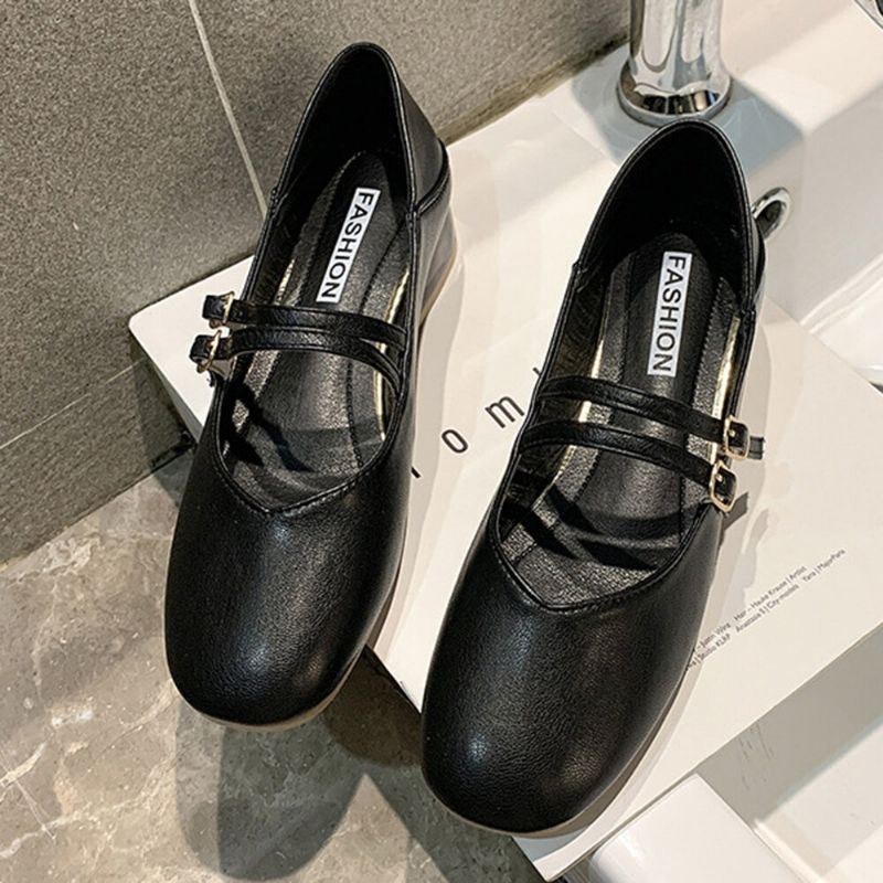 Dame Rund Toe Ensfarvet Blok Hæl Slip On Loafers