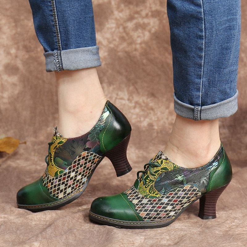 Dame Vintage Læder Blomstret Plaid Splejsning Snørebånd Grøn Chunky Heel Pumps