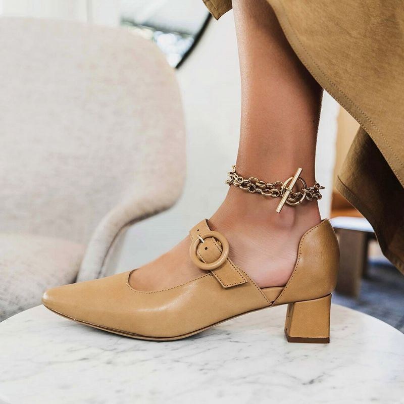 Damer Elegant Spidstå Ensfarvet Ankelspænde Slip On Chunky Heel Pumps