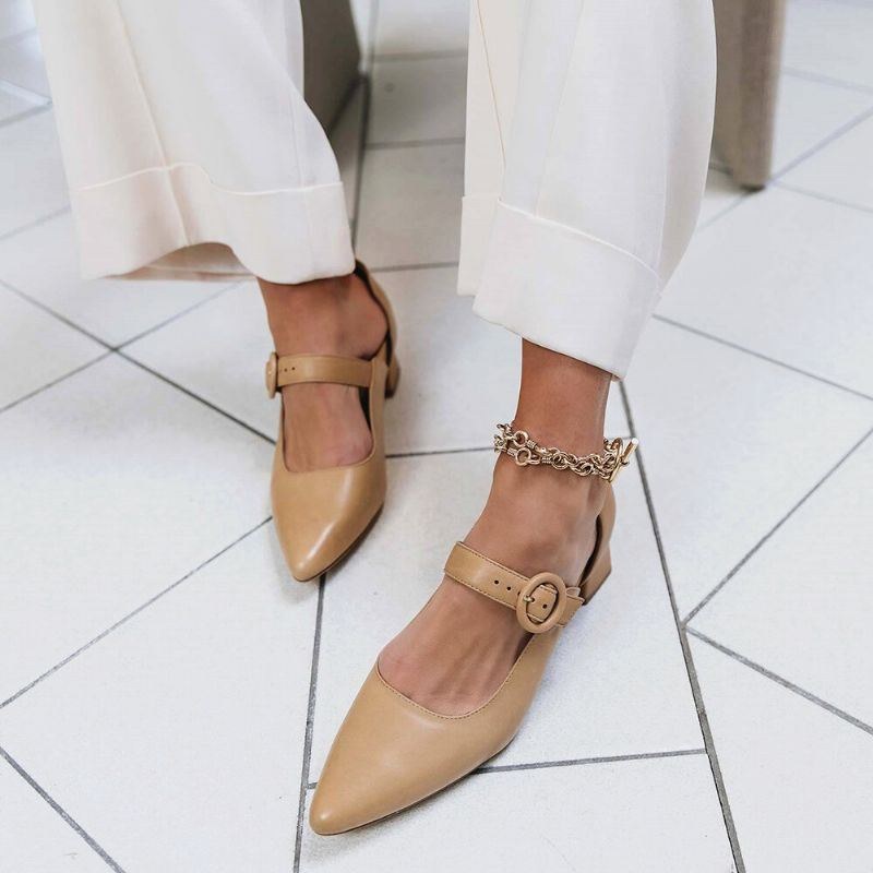 Damer Elegant Spidstå Ensfarvet Ankelspænde Slip On Chunky Heel Pumps