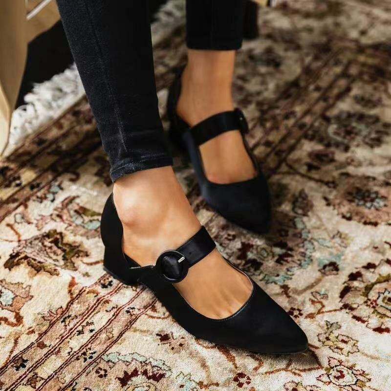 Damer Elegant Spidstå Ensfarvet Ankelspænde Slip On Chunky Heel Pumps