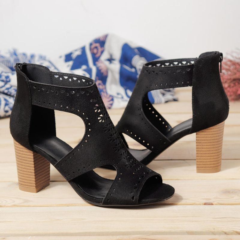 Hollow Out Solid Color Chunky Heel Pumps Til Kvinder