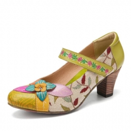 Kvinders Elegante Blomsterdekoration Løvstofsøm Med Trykt Okselæder Comfy Mary Jane Pumps